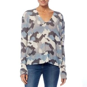 360 Cashmere Camouflage V-Neck 100% Cashmere Sweater Blue Grey White Size Small